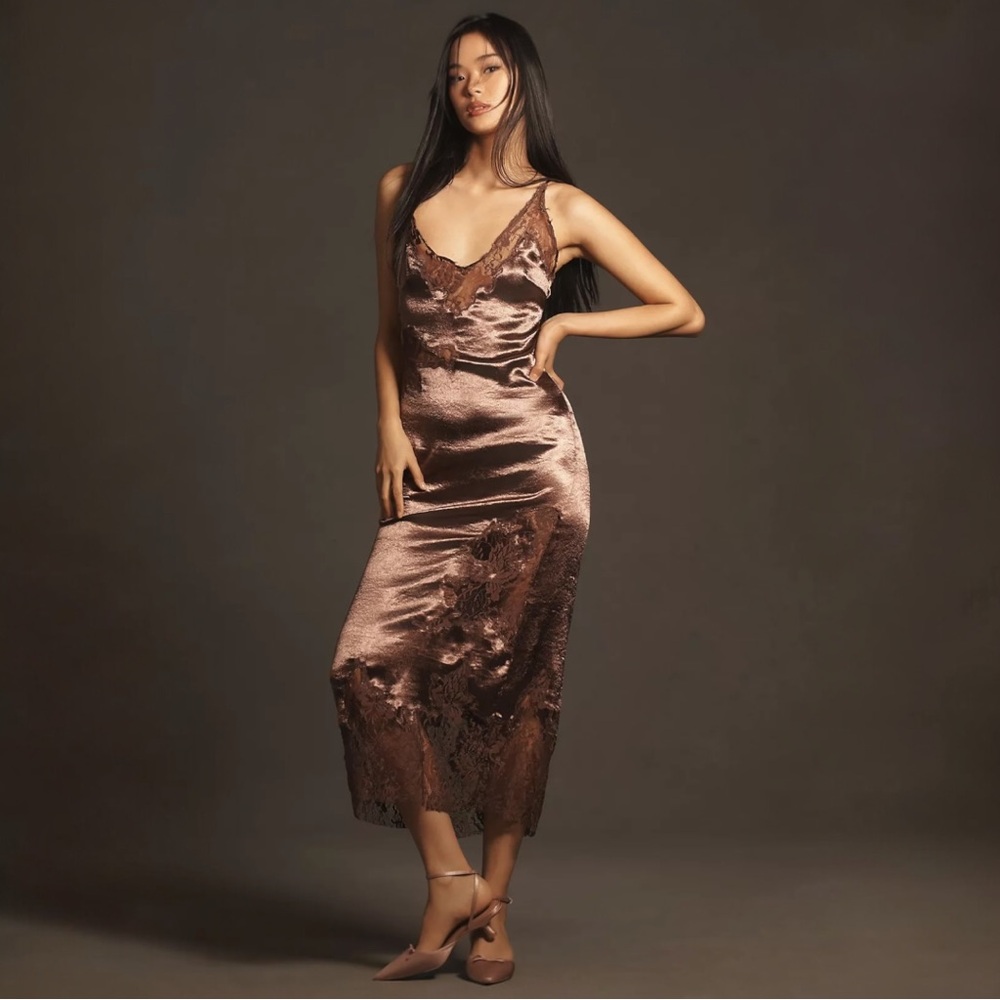 New By Anthropologie Satin Lace Midi Pajama Dress Brown